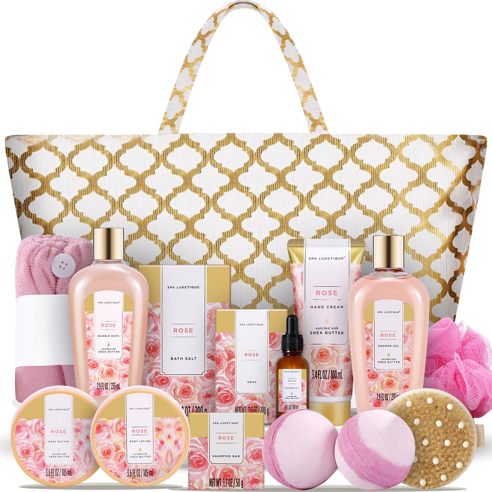 spa luxetique front packaging showing full 15-piece rose spa gift set and appeal