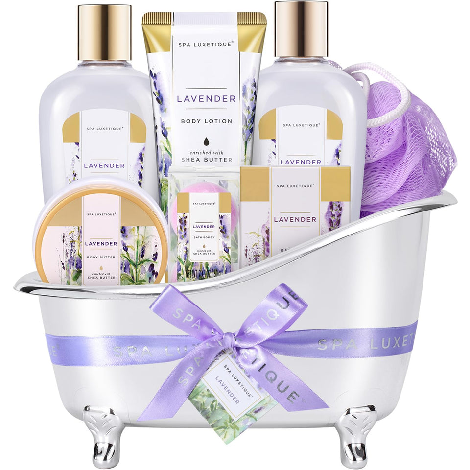 spa luxetique front packaging showing complete lavender gift set and presentation benefit