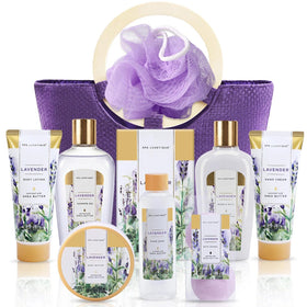 spa luxetique front packaging showing 10-piece lavender spa set and gift tote
