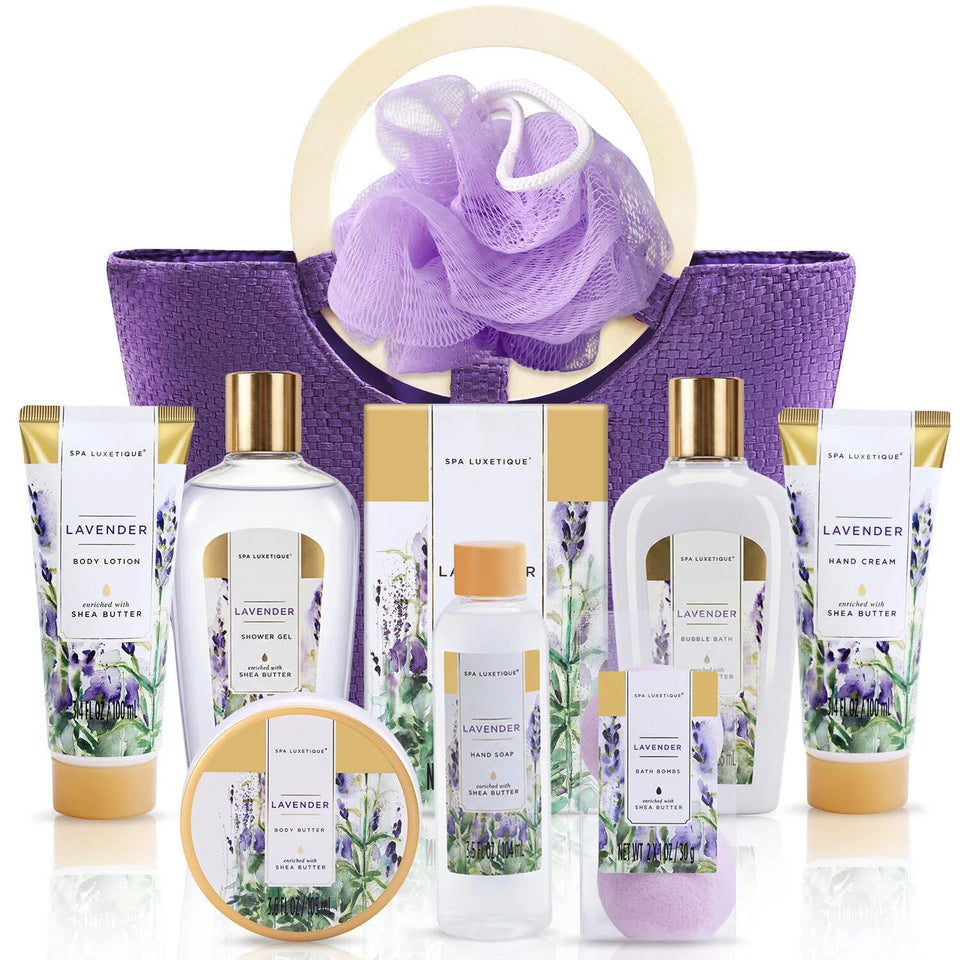 spa luxetique front packaging showing 10-piece lavender spa set and gift tote