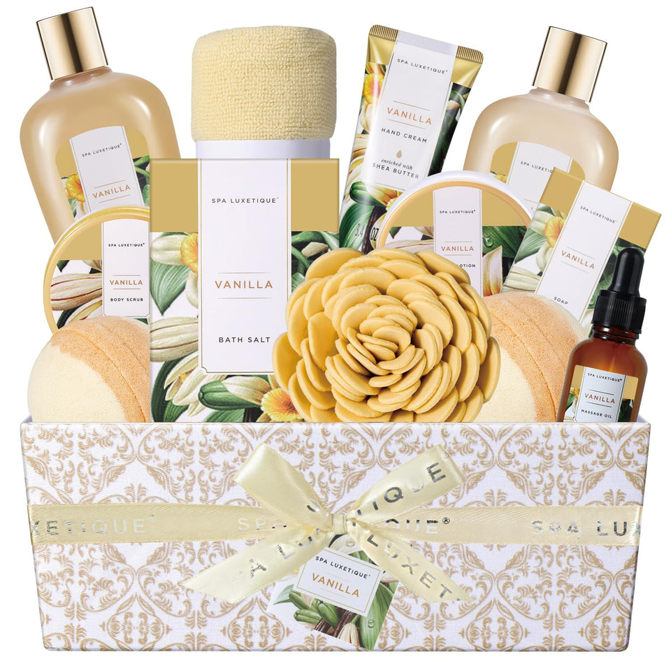 spa luxetique front packaging showing complete 12-piece vanilla spa set and gift-ready box