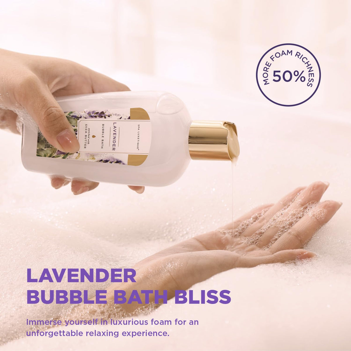 Spa Luxetique lavender massage oil pouring to demonstrate relaxing scent benefits