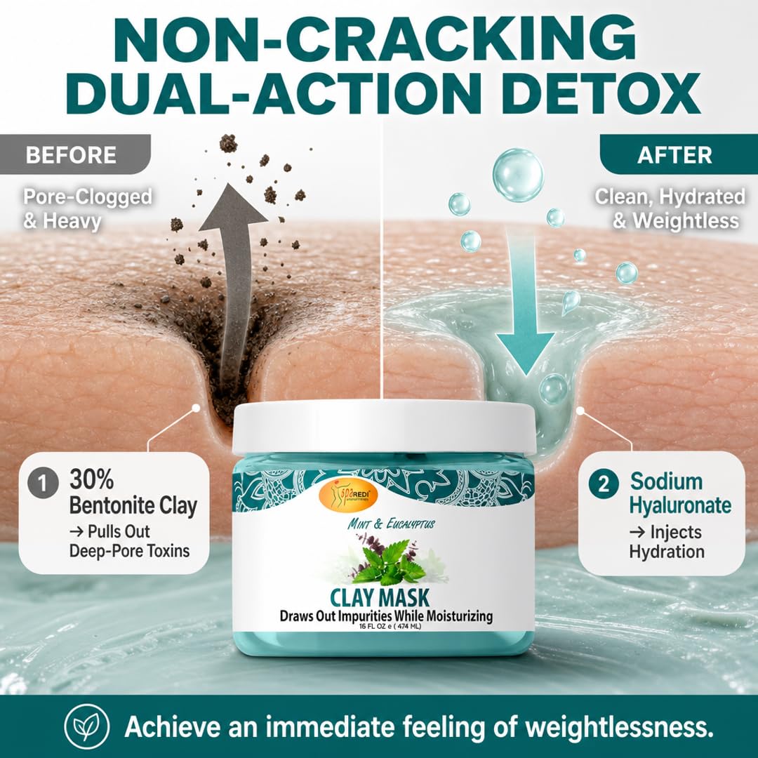 SPA REDI open jar texture close-up highlighting creamy bentonite-hyaluronic blend benefit: non-cracking application