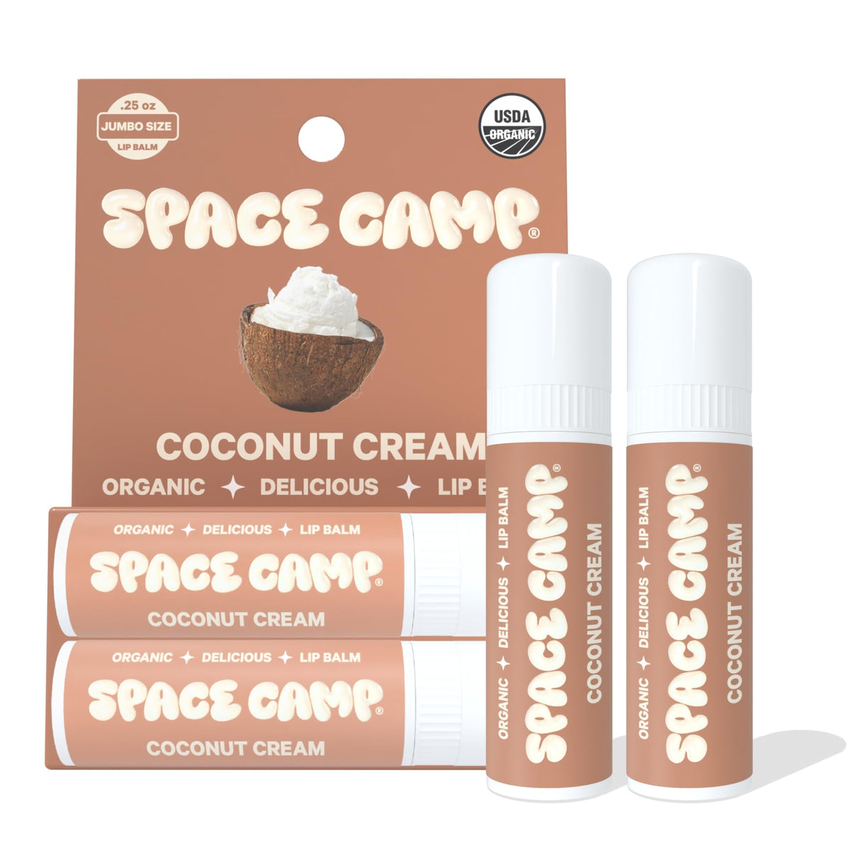 Space Camp coconut cream front packaging showing jumbo tube and flavor