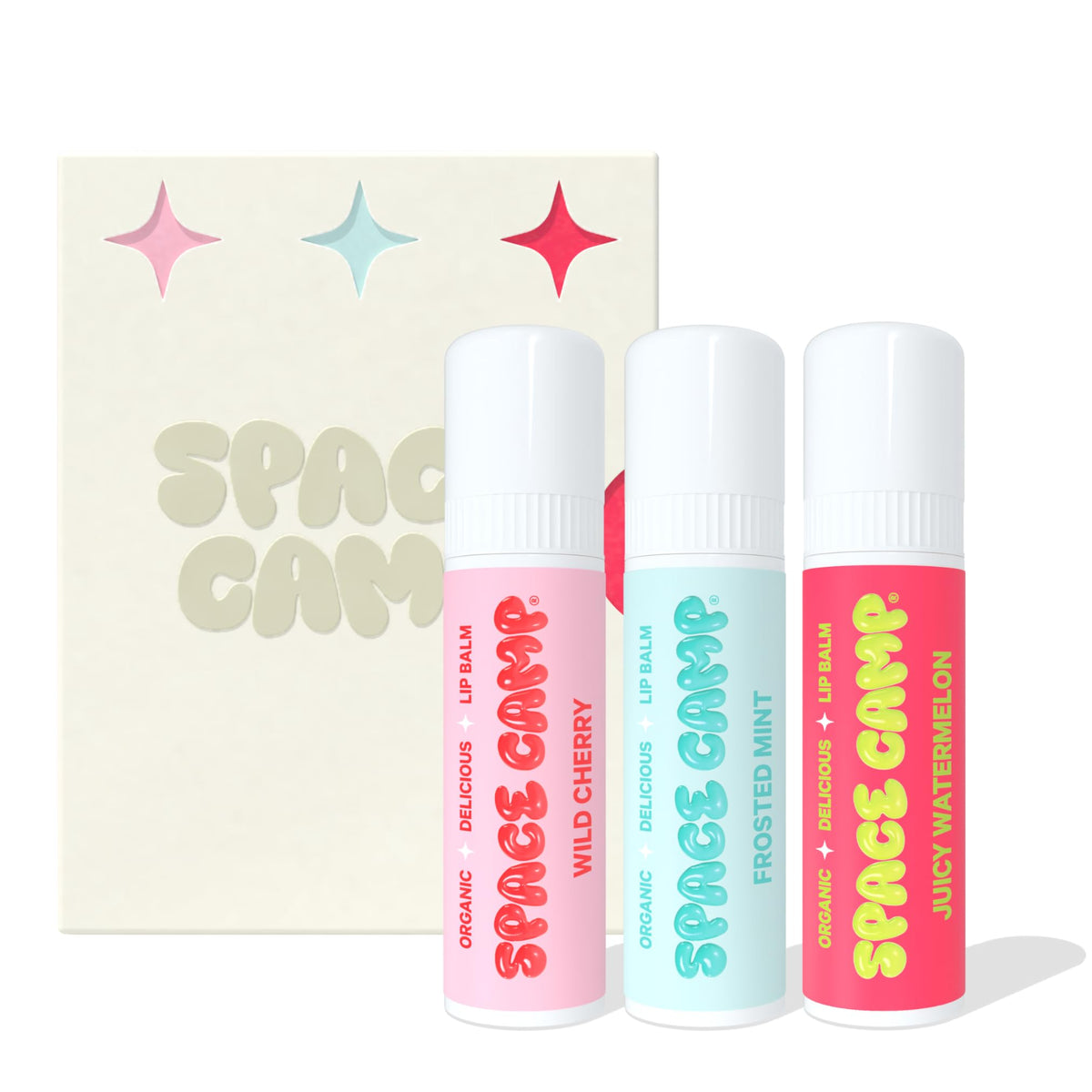 Space Camp jumbo lip balm pack front showing three flavored tubes, convenient value