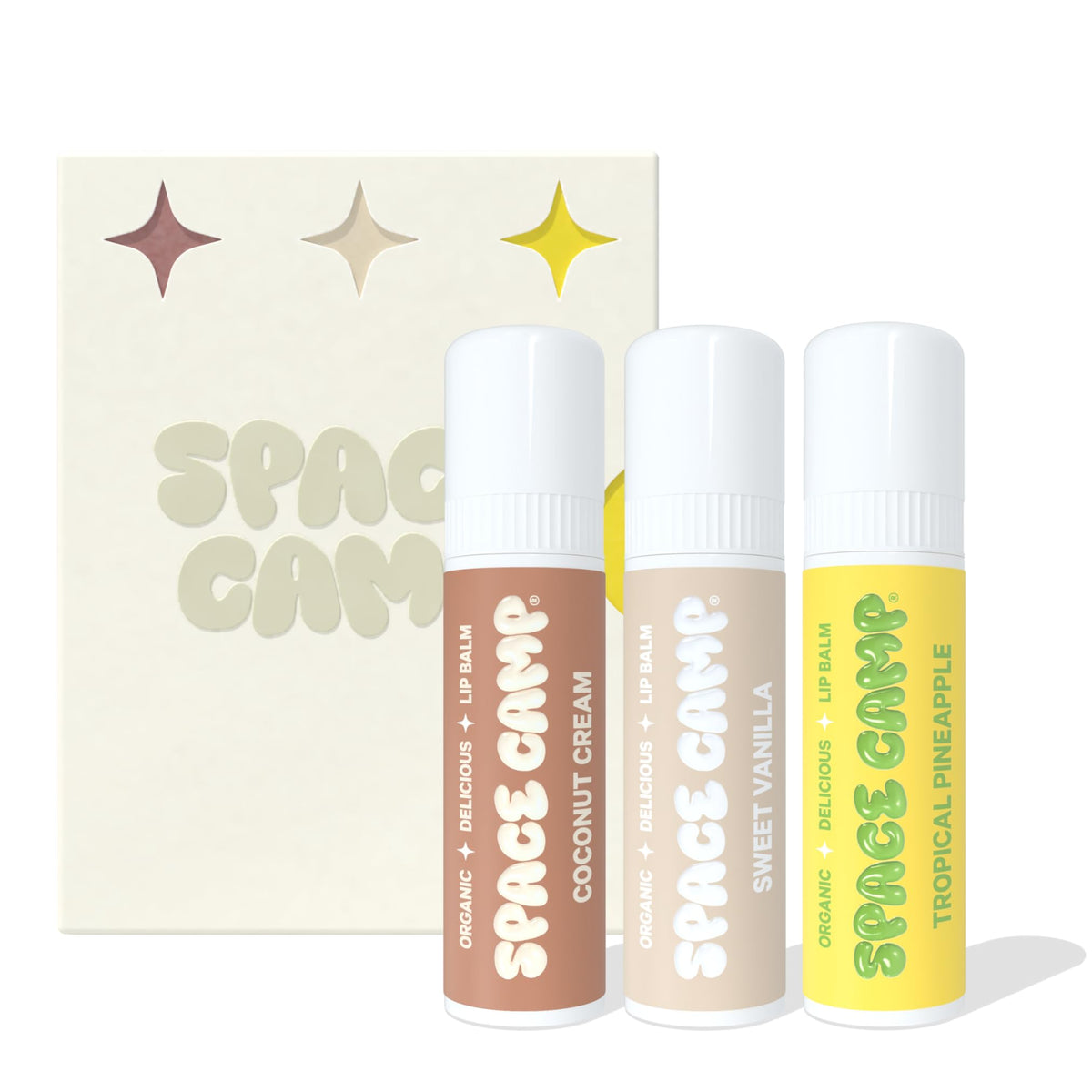 Space Camp front packaging showing three jumbo lip balms and clear flavors benefit convenience
