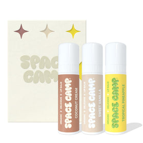 Space Camp front packaging showing three jumbo lip balms and clear flavors benefit convenience