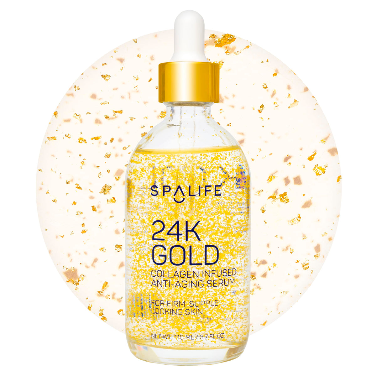 SpaLife bottle front view showing elegant gold-infused serum benefit: luxury hydration