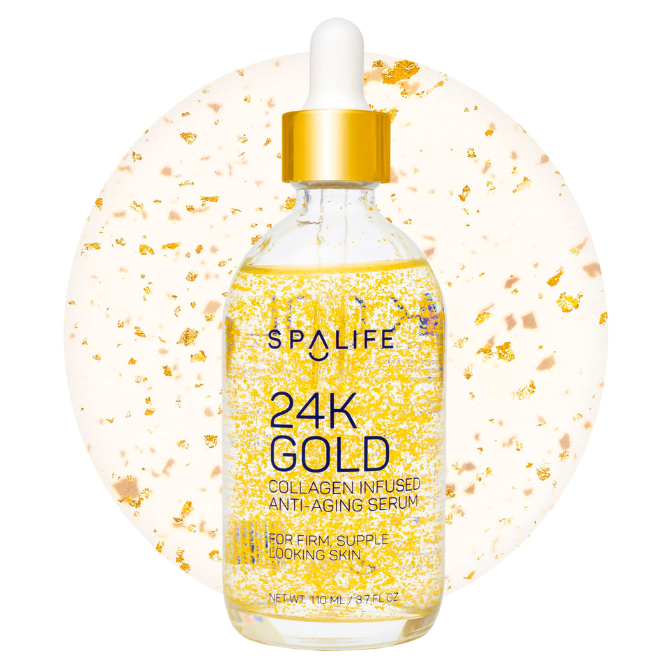 SpaLife bottle front view showing elegant gold-infused serum benefit: luxury hydration