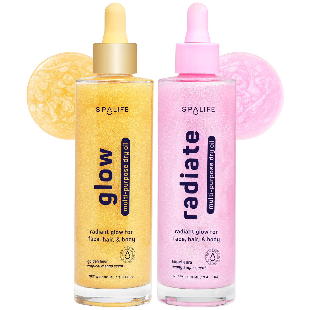 SpaLife front packaging showing both golden mango and pink peony bottles for versatile glow
