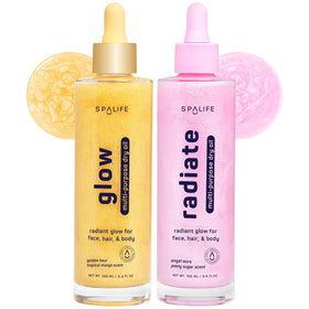 SpaLife front packaging showing both golden mango and pink peony bottles for versatile glow