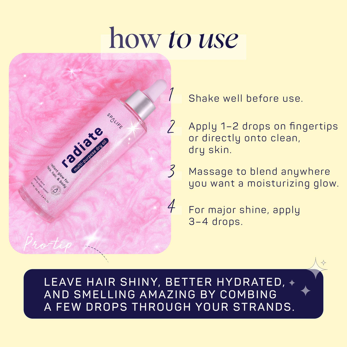 SpaLife open cap and dropper dispensing controlled drops for customizable shimmer