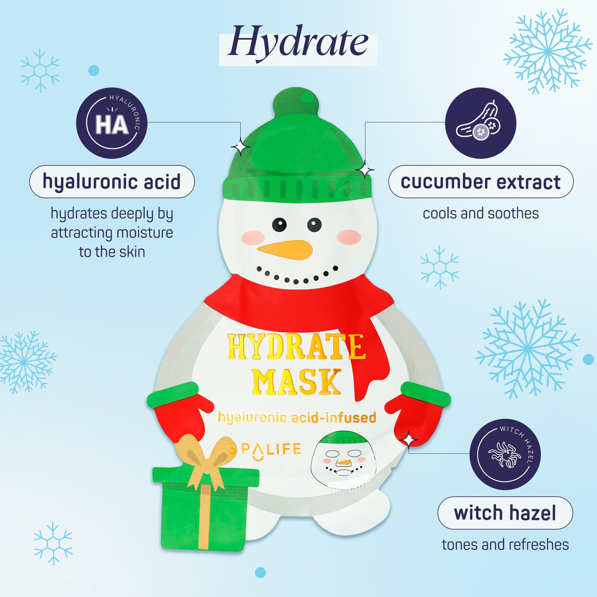 SpaLife Santa mask label showing collagen and cucumber for firming