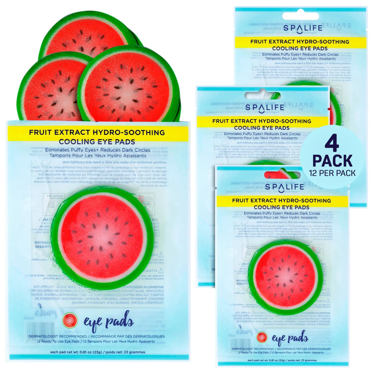 SpaLife front packaging showing 48-count watermelon eye pads and benefits
