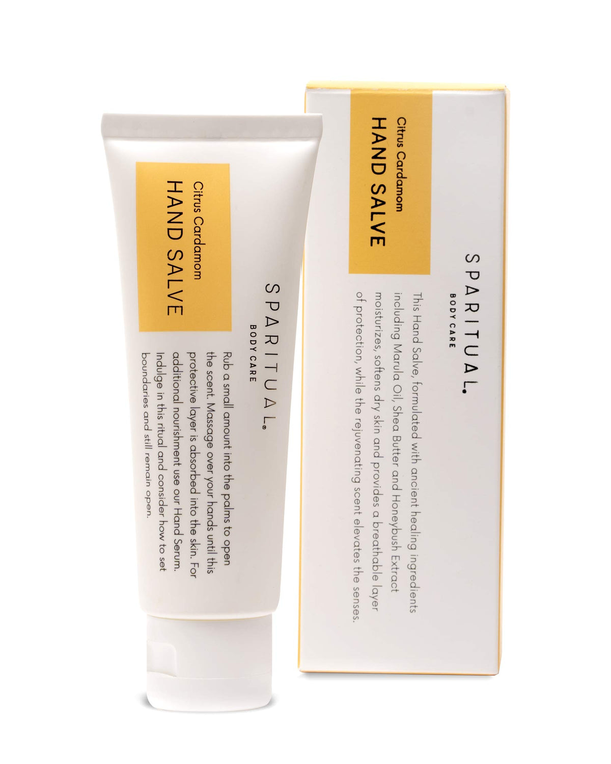 SpaRitual front packaging showing citrus cardamom hand salve and clear product benefits