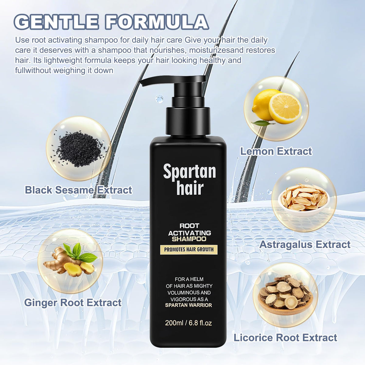 SPARTAN HAIR bottle label close-up highlighting ingredient and volume