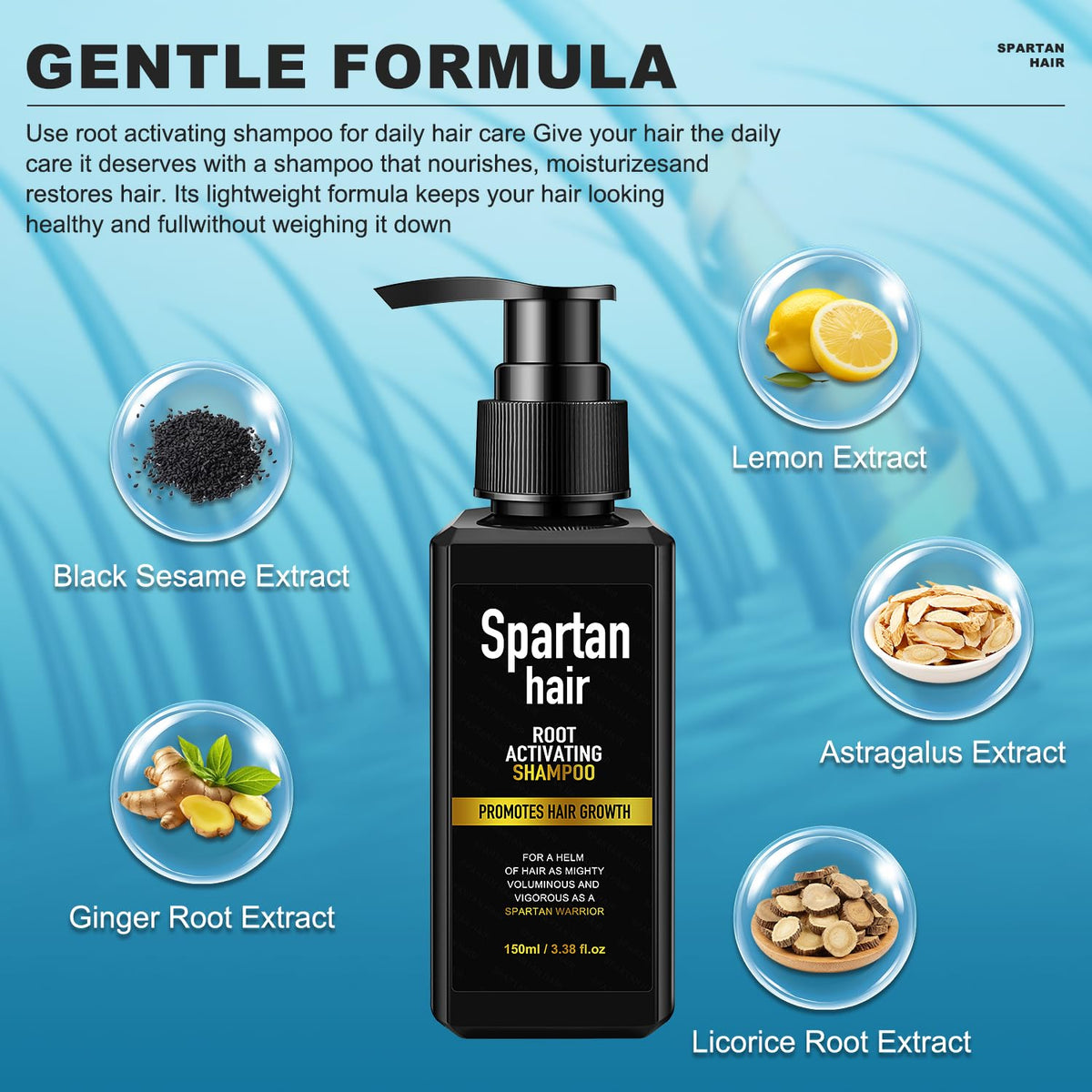 SPARTAN HAIR close-up label highlighting sulfate-free and plant-based benefits