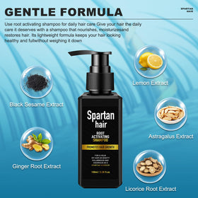 SPARTAN HAIR close-up label highlighting sulfate-free and plant-based benefits