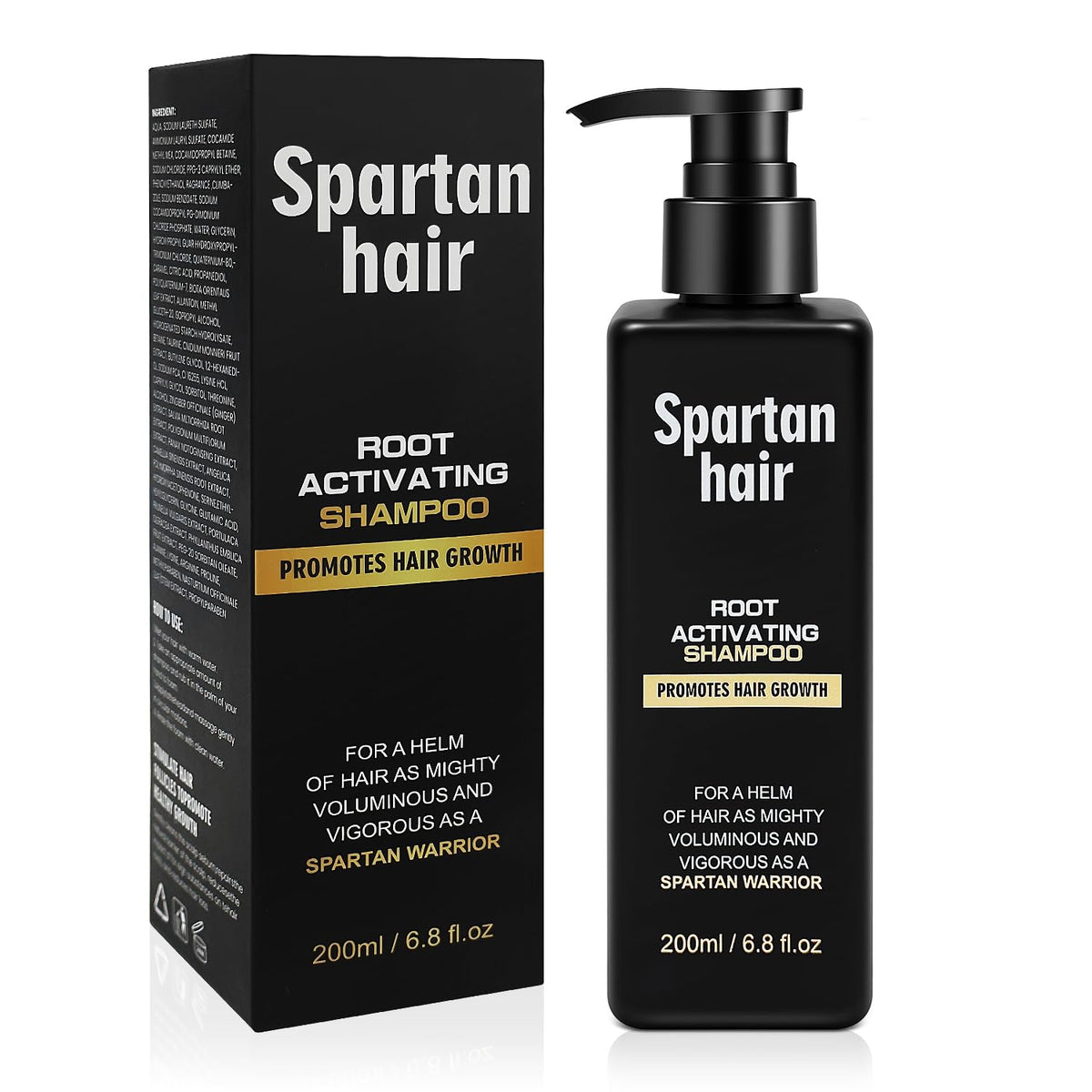 SPARTAN HAIR front packaging showing the root activator shampoo benefits