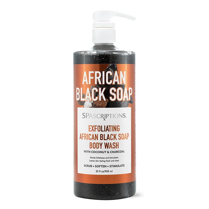 SpaScriptions front bottle displaying African black soap formula, clear packaging benefit