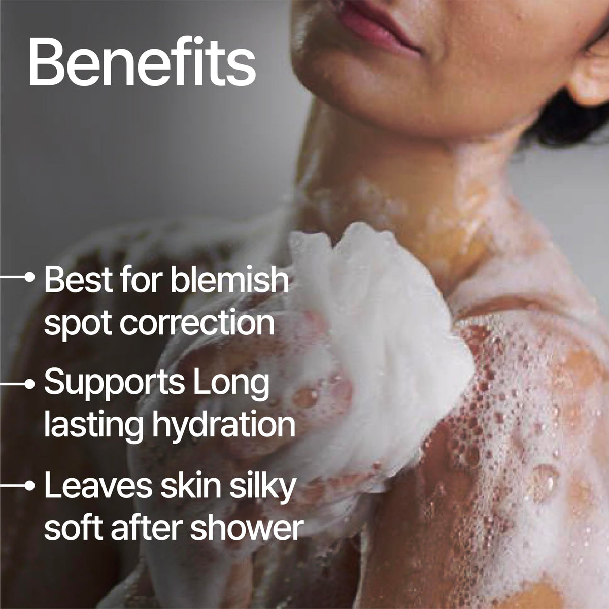SpaScriptions in-shower use on shoulder demonstrating effective cleansing and smoothing