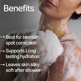 SpaScriptions in-shower use on shoulder demonstrating effective cleansing and smoothing