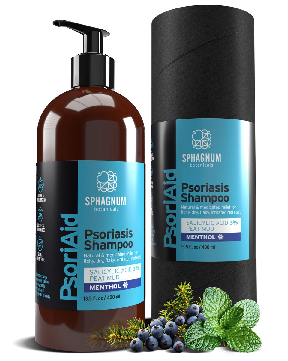 Sphagnum Botanicals front packaging showing medicated shampoo benefits and NPF seal