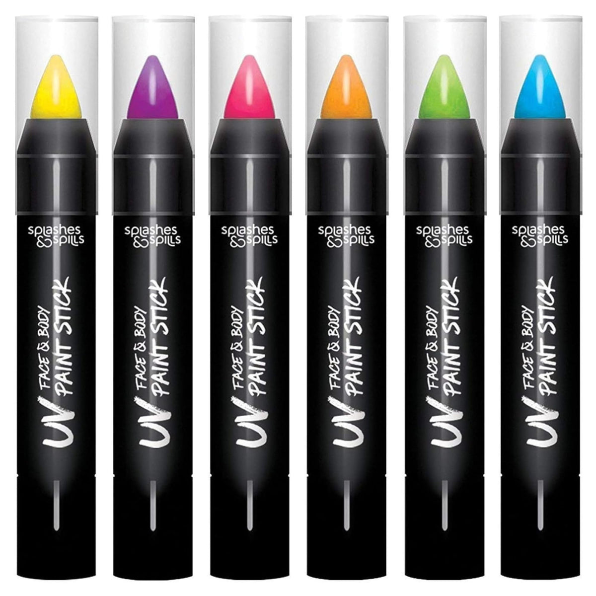 splashes & spills front packaging showing six glow colors and travel-ready benefit
