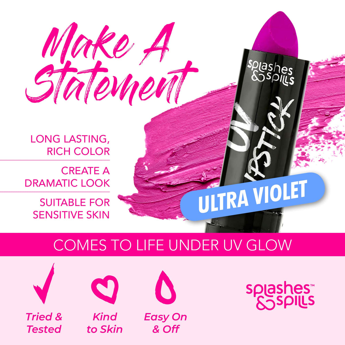 splashes & spills lipstick in hand applying to lips demonstrating smooth coverage