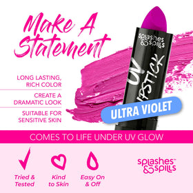 splashes & spills lipstick in hand applying to lips demonstrating smooth coverage