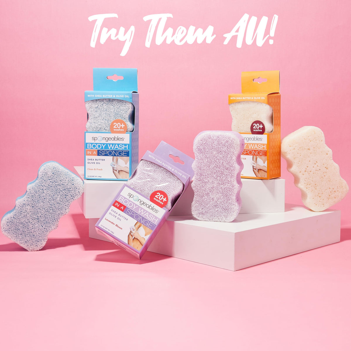 Spongeables on bathroom shelf in shower setting showcasing ready-to-use convenience