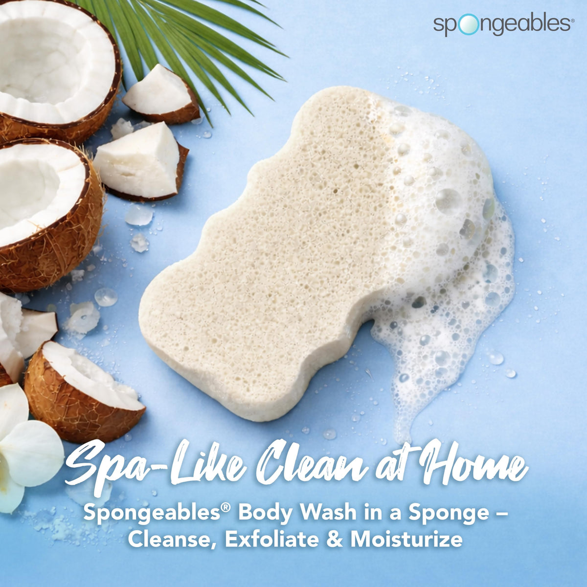 Spongeables Coconut Colada wet sponge producing creamy foam for easy cleansing