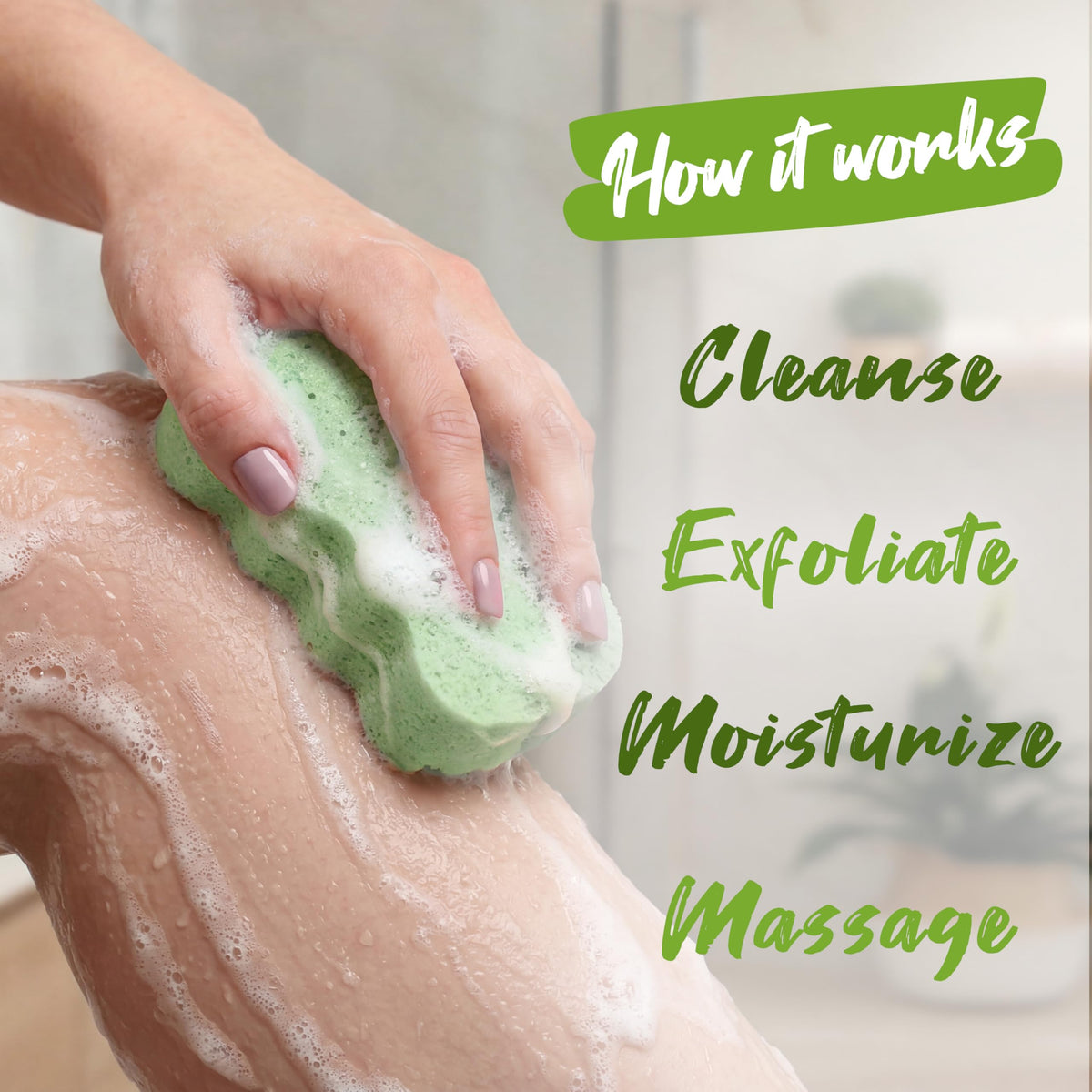 Spongeables textured side in hand demonstrating exfoliation and skin-smoothing benefit