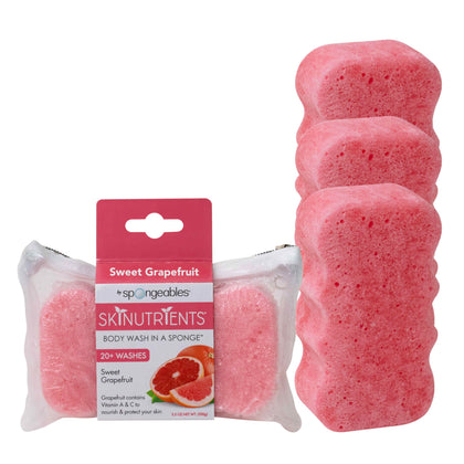 Spongeables front packaging shows three grapefruit-infused sponges and convenience