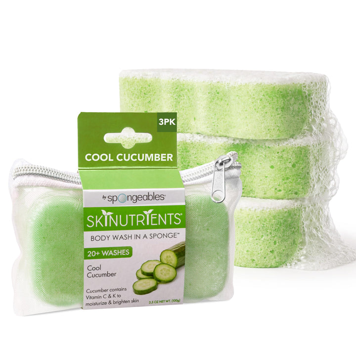 Spongeables front packaging showing 3-count cool cucumber sponges and benefits