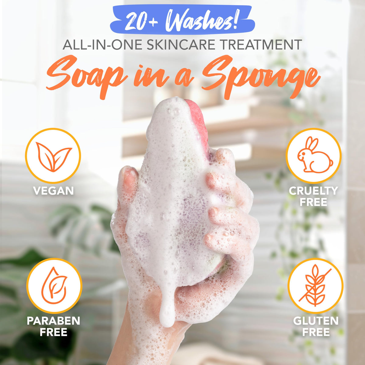 Spongeables papaya lathered sponge in hand demonstrating rich foam