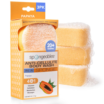 Spongeables papaya front packaging showing three sponges and benefits