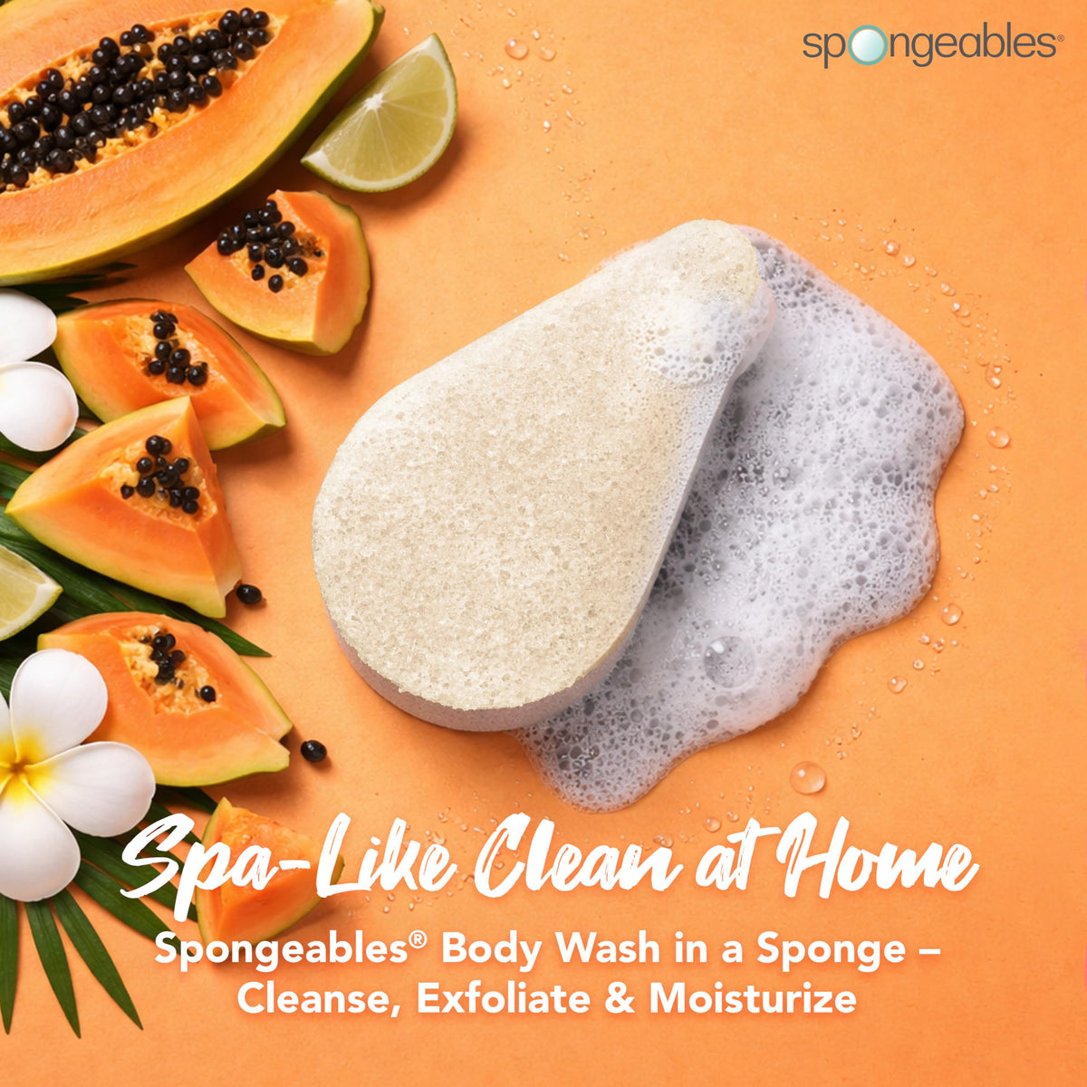 Spongeables papaya close-up of dual-texture sponge highlighting exfoliation