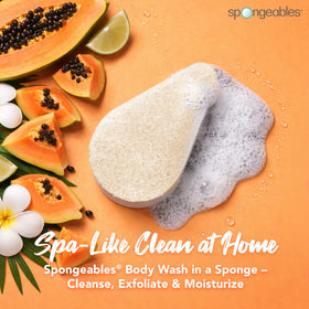 Spongeables papaya close-up of dual-texture sponge highlighting exfoliation