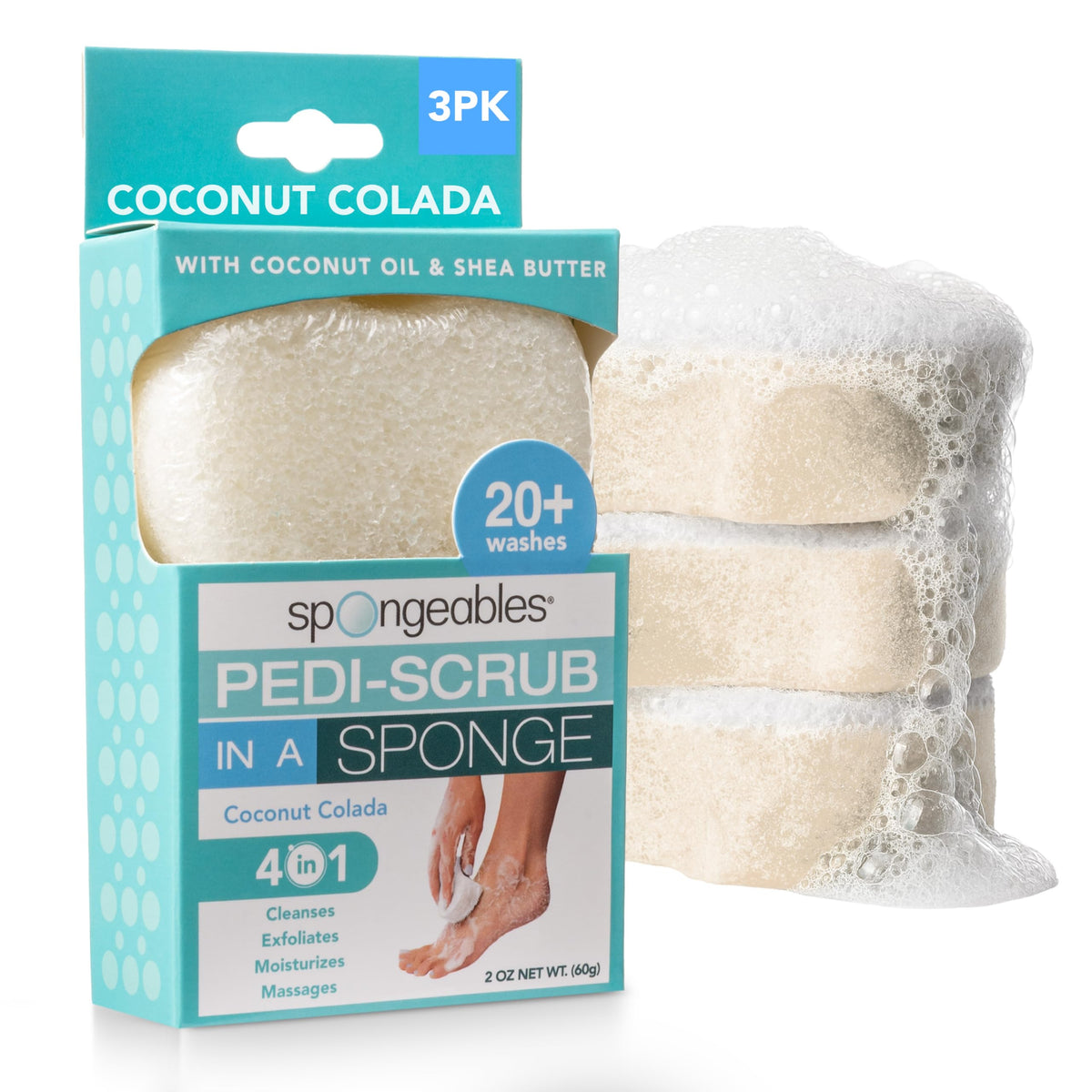 Spongeables front packaging showing three Coconut Colada pedicure sponges and benefits