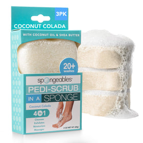 Spongeables front packaging showing three Coconut Colada pedicure sponges and benefits