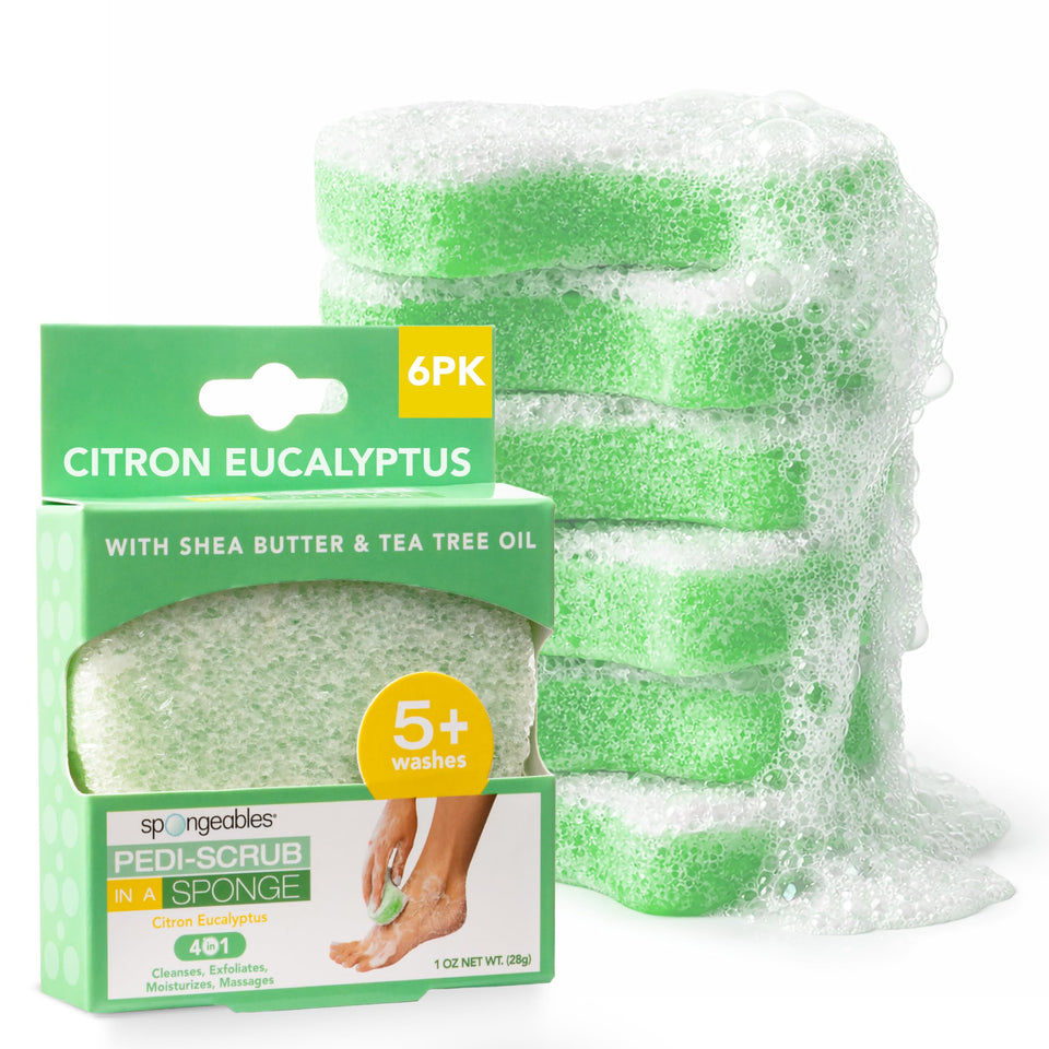 Spongeables front packaging showing six citron eucalyptus sponges for easy storage and grab-and-go use