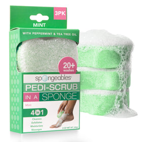 Spongeables front packaging showing three peppermint and tea tree sponges for convenience