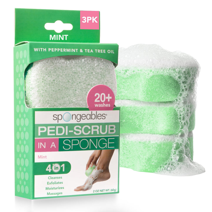 Spongeables front packaging showing three peppermint and tea tree sponges for convenience