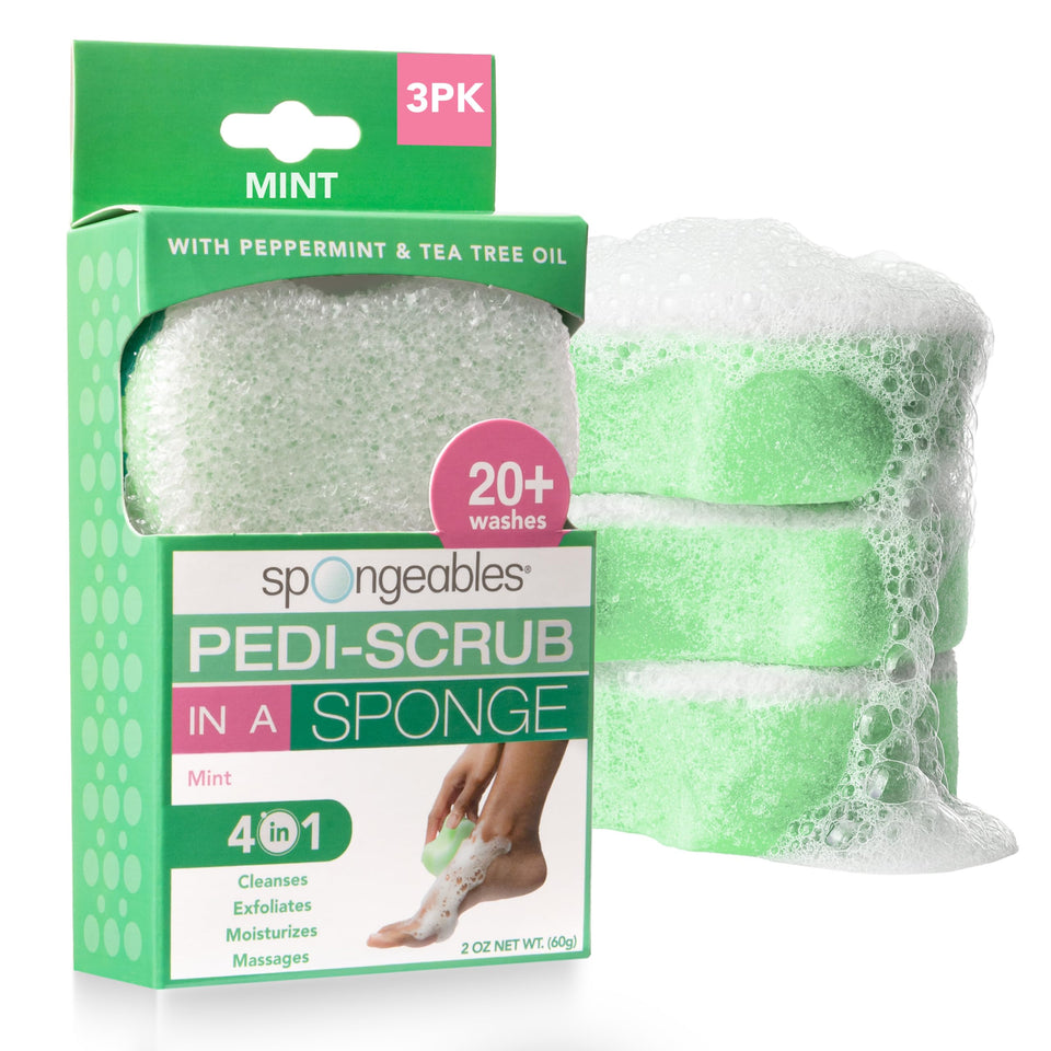 Spongeables front packaging showing three peppermint and tea tree sponges for convenience