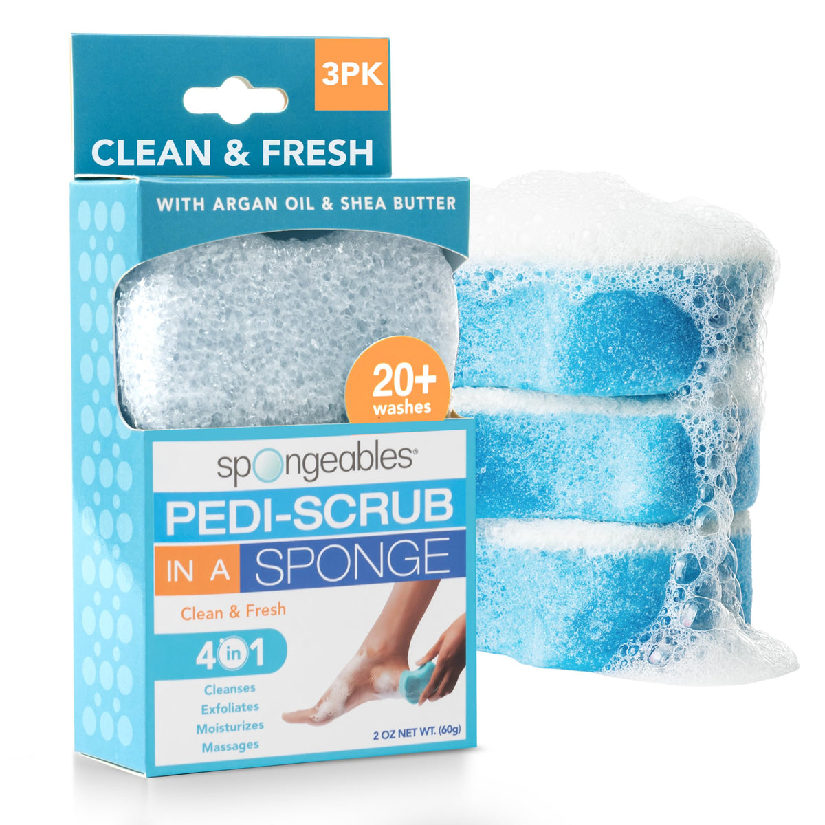 Spongeables front packaging showing three Pedi Scrub sponges and benefits