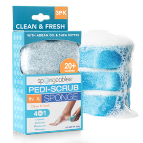 Spongeables front packaging showing three Pedi Scrub sponges and benefits