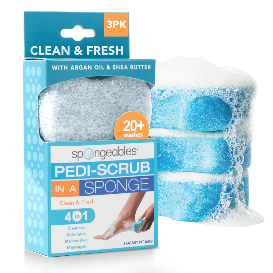 Spongeables front packaging showing three Pedi Scrub sponges and benefits
