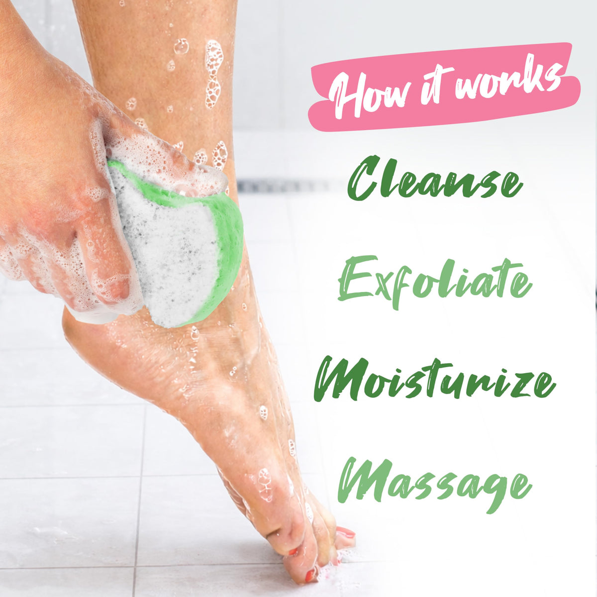 Spongeables being used on heel demonstrating gentle exfoliation and smoother skin