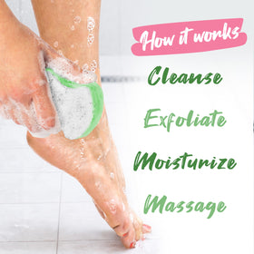 Spongeables being used on heel demonstrating gentle exfoliation and smoother skin